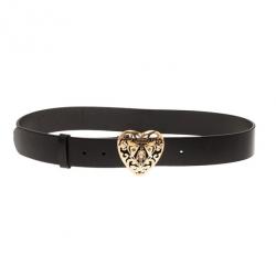 Pre Owned Gucci Black Leather Heart Crest Buckle Belt 90CM