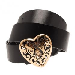 Pre Owned Gucci Black Leather Heart Crest Buckle Belt 90CM