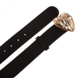Pre Owned Gucci Black Leather Heart Crest Buckle Belt 90CM
