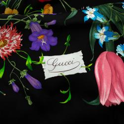Pre Owned وشاح غوتشي مربع حرير طباعة زهور أسود