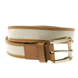 مملوكة مسبقًا حزام غوتشي حواف جلد وكانفاس بيج فاتح/ بني فاتح 90 سم