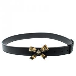 مملوكة مسبقًا Gucci Black Leather Pearl Bow Buckle Belt 90cm