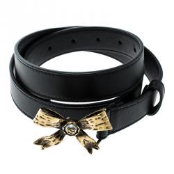 مملوكة مسبقًا Gucci Black Leather Pearl Bow Buckle Belt 90cm