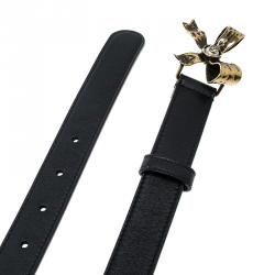 مملوكة مسبقًا Gucci Black Leather Pearl Bow Buckle Belt 90cm