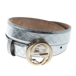Pre Owned Gucci Silver Micro Guccissima Patent Leather Belt 80cm
