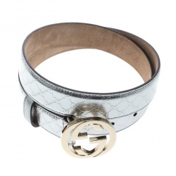 Pre Owned Gucci Silver Micro Guccissima Patent Leather Belt 80cm