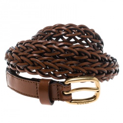 Pre Owned Gucci Brown Braided Leather Skinny Belt 85 CM