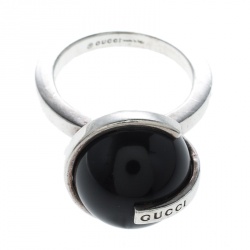 مملوكة مسبقًا Gucci Onyx G Boule Silver Ring Size 54.5