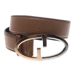 Pre Owned Gucci Brown Pebbled Leather GG Buckle Belt 85cm