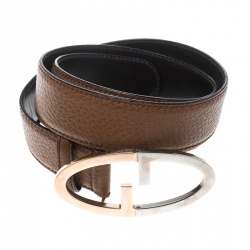 Pre Owned Gucci Brown Pebbled Leather GG Buckle Belt 85cm