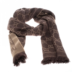 Pre Owned Gucci Beige and Brown GG Logo Wool Jacquard Fringed Edge Muffler