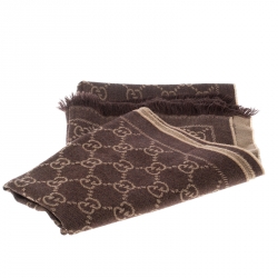 Pre Owned Gucci Beige and Brown GG Logo Wool Jacquard Fringed Edge Muffler