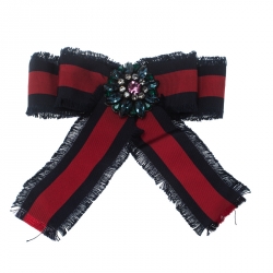 مملوكة مسبقًا Gucci Crystal Blue & Red Web Grosgrain Frayed Bow Brooch