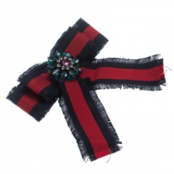 مملوكة مسبقًا Gucci Crystal Blue & Red Web Grosgrain Frayed Bow Brooch