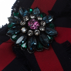 مملوكة مسبقًا Gucci Crystal Blue & Red Web Grosgrain Frayed Bow Brooch