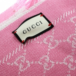 Gucci Pink Wool Guccissima Web Pattern Jacquard Fringed Edge Shawl