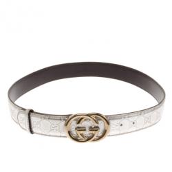 مملوكة مسبقًا Gucci Silver Guccissima Leather GG Buckle Belt 100 CM