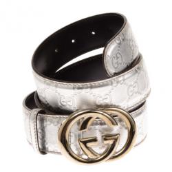 مملوكة مسبقًا Gucci Silver Guccissima Leather GG Buckle Belt 100 CM