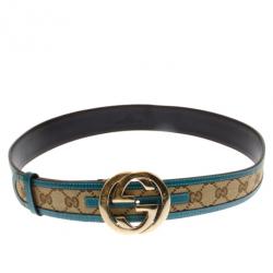 مملوكة مسبقًا Gucci Guccissima Canvas Blue Trim GG Buckle Belt 90 CM