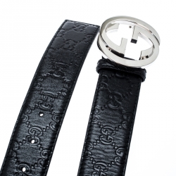 Pre Owned حزام غوتشي بإبزيم GG متشابكة جلد بنقوش غوتشيسيما أسود 95CM