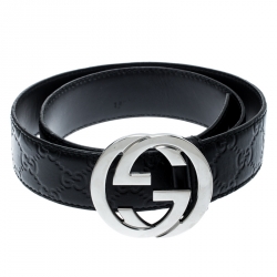 Pre Owned حزام غوتشي بإبزيم GG متشابكة جلد بنقوش غوتشيسيما أسود 95CM