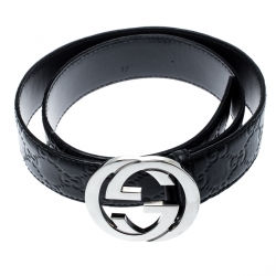 Pre Owned حزام غوتشي بإبزيم GG متشابكة جلد بنقوش غوتشيسيما أسود 95CM