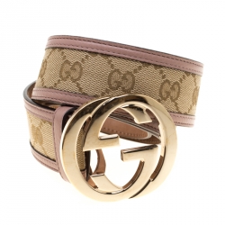 Pre Owned حزام غوتشي بإبزيم G متشابكة جلد وكانفاس بنقوش GG بيج/بنفسجي فاتح 95 سم