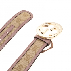 Pre Owned حزام غوتشي بإبزيم G متشابكة جلد وكانفاس بنقوش GG بيج/بنفسجي فاتح 95 سم