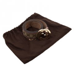 Pre Owned حزام غوتشي بإبزيم G متشابكة جلد وكانفاس بنقوش GG بيج/بنفسجي فاتح 95 سم