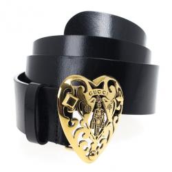 مملوكة مسبقًا Gucci Black Leather Heart Crest Buckle Belt 85 CM