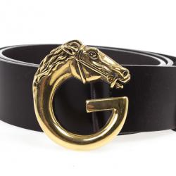 Pre Owned Gucci Brown Leather Horse Head G Buckle Belt 90 CM