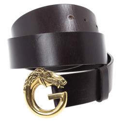 Pre Owned Gucci Brown Leather Horse Head G Buckle Belt 90 CM
