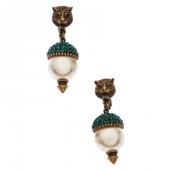 Pre Owned Gucci Antique Gold Tone Feline Pearl and Crystal Clip On Drop Earrings