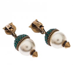 Pre Owned Gucci Antique Gold Tone Feline Pearl and Crystal Clip On Drop Earrings