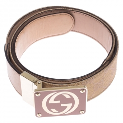 مملوكة مسبقًا حزام غوتشي بإبزيم GG بوجهين كانفاس GG وجلد ذهبي/بيج