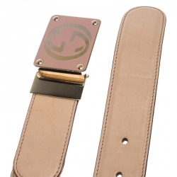 مملوكة مسبقًا حزام غوتشي بإبزيم GG بوجهين كانفاس GG وجلد ذهبي/بيج