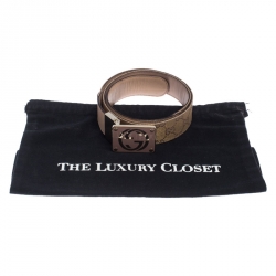 مملوكة مسبقًا حزام غوتشي بإبزيم GG بوجهين كانفاس GG وجلد ذهبي/بيج