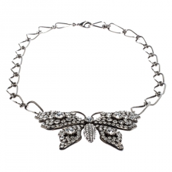 Gucci Crystal Embellished Butterfly Palladium Plated Chain Link Necklace