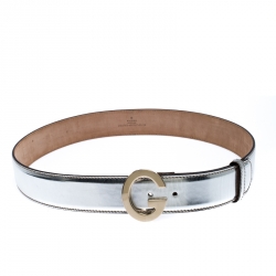 Pre Owned حزام غوتشي إبزيم G جلد لامع فضي ميتالك 95 سم