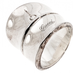 Pre Owned Gucci Bamboo Silver Wide Band Ring Size 57