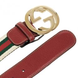 Pre Owned Gucci Web Detail GG Buckle Canvas Belt 85 CM