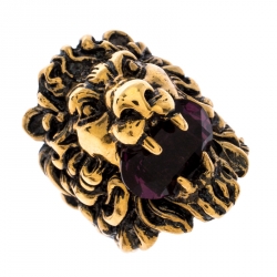Pre Owned Gucci Aged Gold Finish Lion Head with Crystal Ring Size EU 57