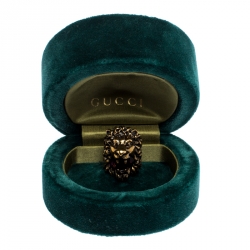 Pre Owned Gucci Aged Gold Finish Lion Head with Crystal Ring Size EU 57
