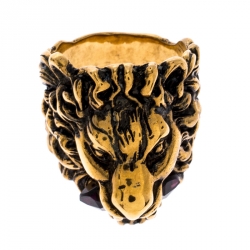 Pre Owned Gucci Aged Gold Finish Lion Head with Crystal Ring Size EU 57