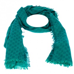 مملوكة مسبقًا Gucci Teal Monogram Pattern Jacquard Wool Blend Stole
