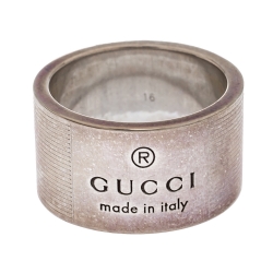 Gucci Trademark Sterling Silver Logo Striped Wide Band Ring 16