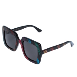 Pre Owned Gucci Black Glitter Stripes/ Grey GG0328S Oversized Square Sunglasses
