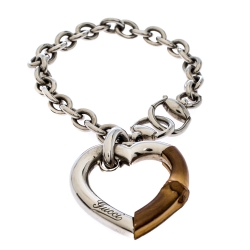 Pre Owned Gucci Bamboo Heart Silver Chain Link Charm Bracelet