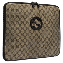 Gucci Beige/Brown GG Supreme Canvas and Leather Interlocking Logo Laptop Case