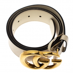 Pre Owned Gucci Ivory Leather Double G Buckle Belt 85CM